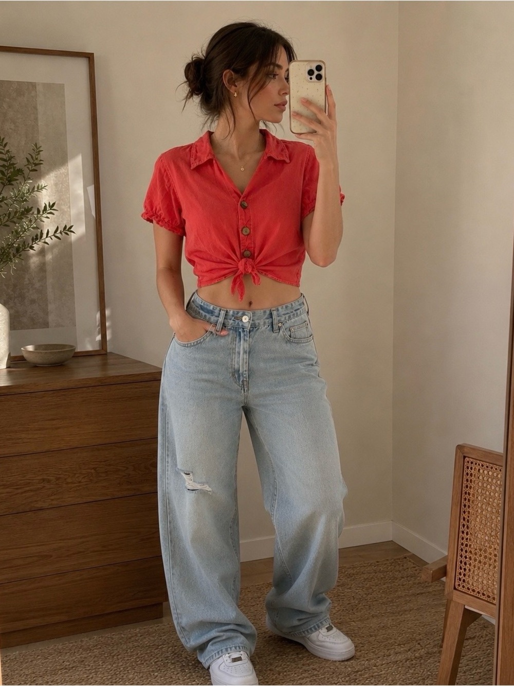 Zara Coral Tie Front Crop Blouse Size S